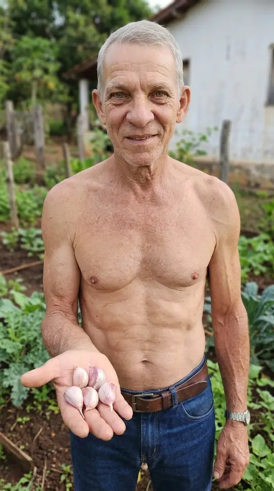 Vô Toninho na horta da chácara segurando dentes de alho